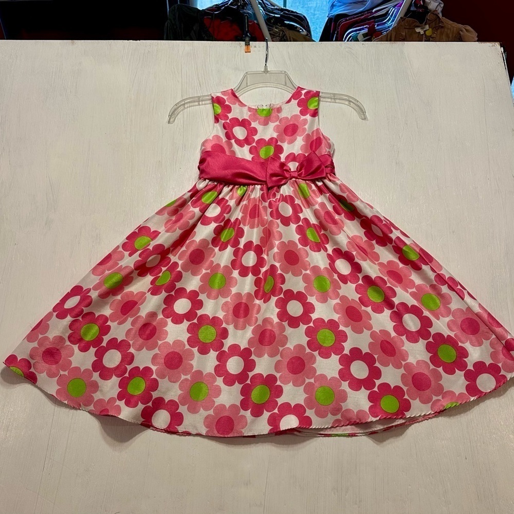 Rare Editions Girls 5 Pink Floral Satin Dress Bow Party Easter Spring Retro - Picture 1 of 9